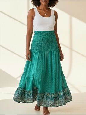 Speed Control NY Womens 1X Boho Maxi Skirt Smocked Waist 100% Cotton Paisley Y2K